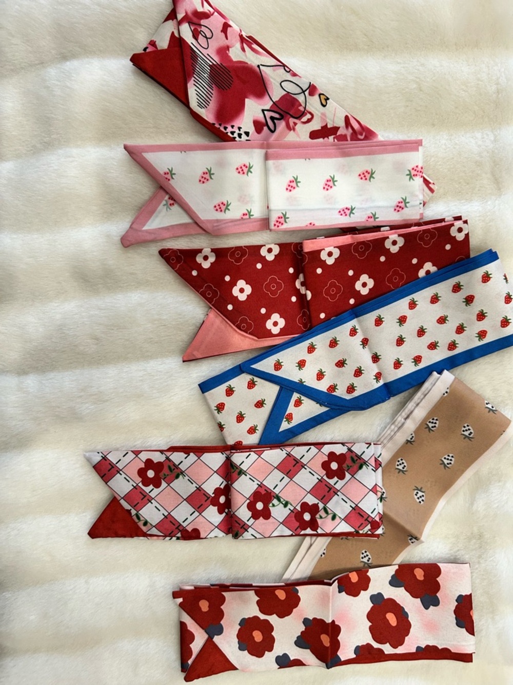 Set of 7 Assorted Red & Pink Floral Purse and hair mini Scarves